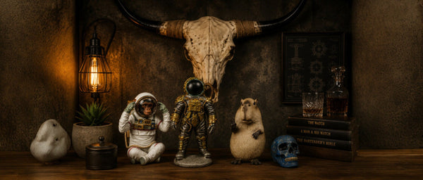 Moody man cave ornament display featuring astronaut chimpanzee and steampunk astronaut figures, peace sign capybara ornament, blue decorative skull and large bison skull wall décor in a warm industrial style setting.