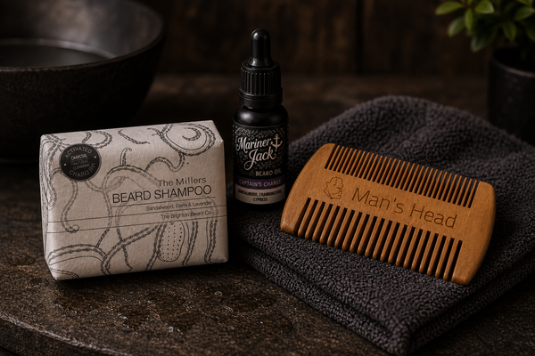 Men’s beard shampoo bar, beard oil and wooden beard comb displayed on dark slate and folded towel with warm rustic barbershop styling.