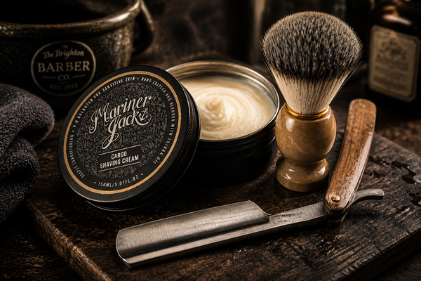 Traditional wet shaving set with shaving cream, shaving brush and straight razor displayed on dark wood with warm vintage barbershop styling.