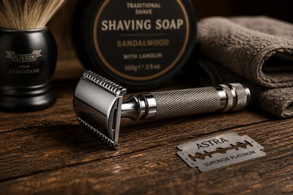 Traditional safety razor with shaving brush, razor blade and shaving soap displayed on rustic wood with warm vintage barbershop styling.