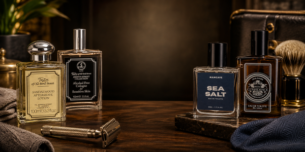 Luxury men’s fragrance and aftershave collection featuring Taylor of Old Bond Street, Mancave and Dear Barber colognes displayed on a dark wooden grooming counter with classic shaving accessories and warm barbershop lighting