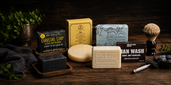 Wide grooming collection banner featuring traditional shaving soaps, charcoal soap bars, beard shampoo soap, shaving brush and razor arranged on a rustic wooden surface with warm moody lighting
