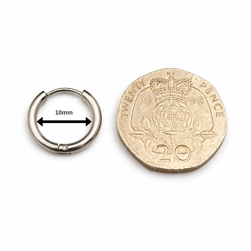 10mm Hinged Hoop Earrings, Stainless Steel, Silver, Black or Gold