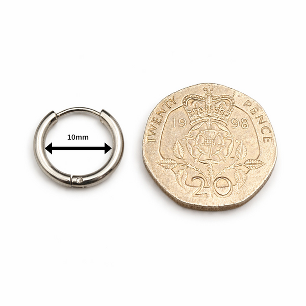 10mm Hinged Hoop Earrings, Stainless Steel, Silver, Black or Gold