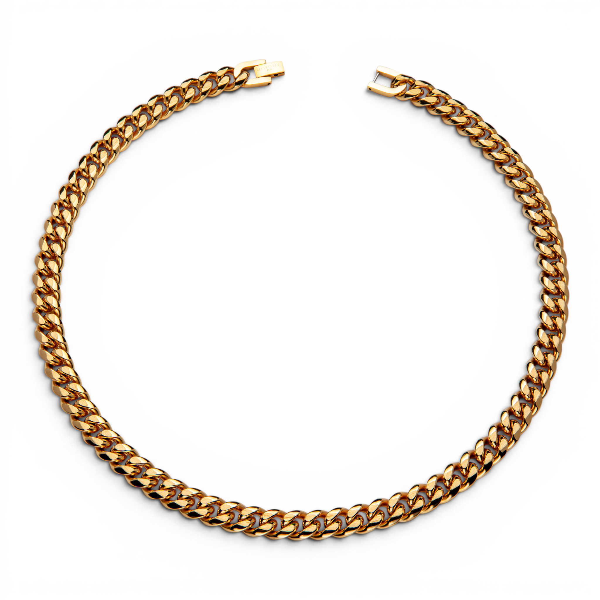 10mm gold stainless steel curb chain necklace full view on white background
