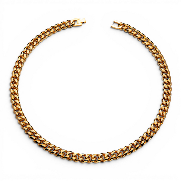10mm gold stainless steel curb chain necklace full view on white background