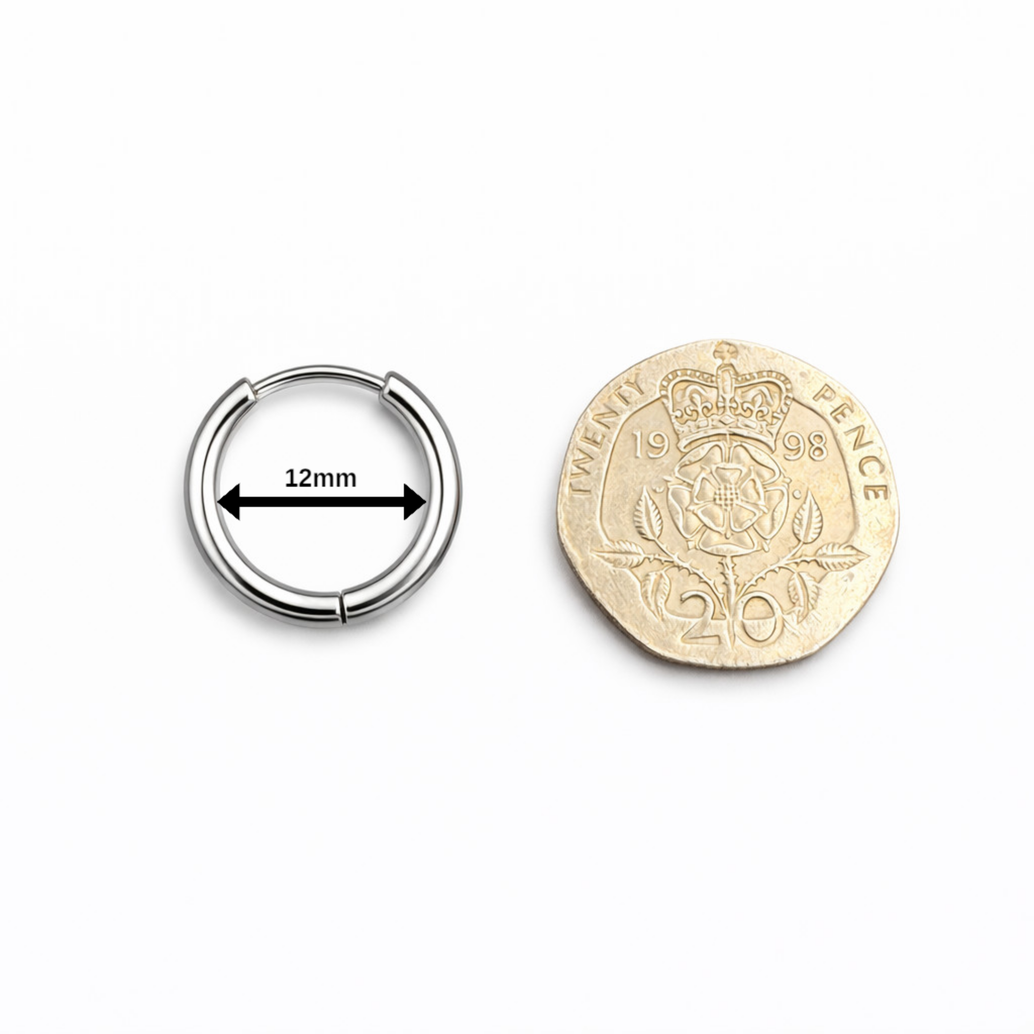 12mm hinged hoop earring shown beside coin for size comparison