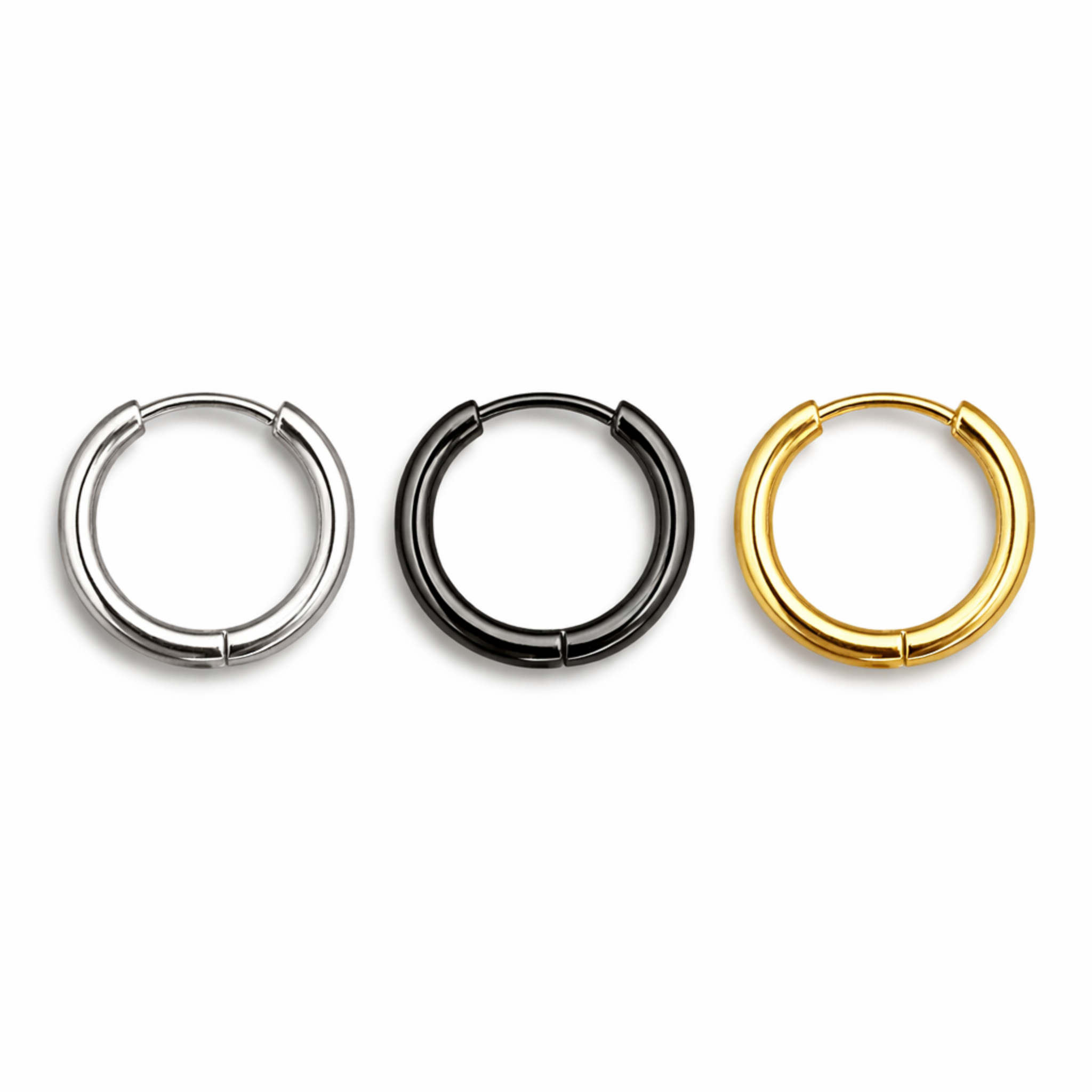 12mm hinged hoop earrings in stainless steel silver black and gold finishes