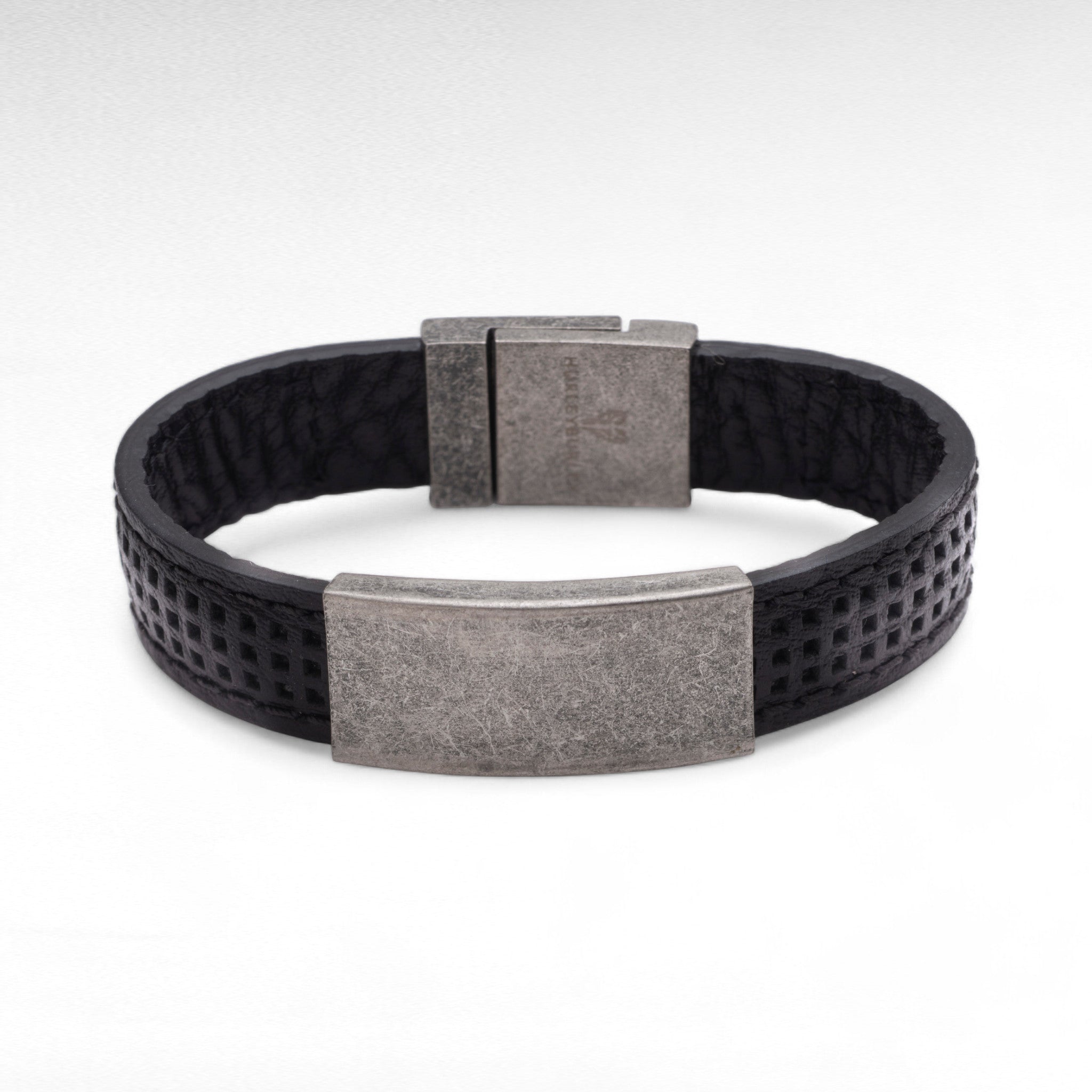 13mm black leather ID bracelet with oxidised stainless steel engraving plate and magnetic clasp