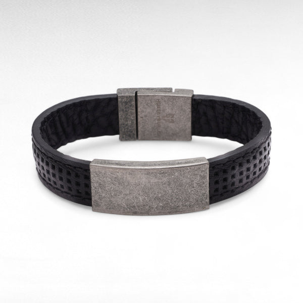 13mm black leather ID bracelet with oxidised stainless steel engraving plate and magnetic clasp