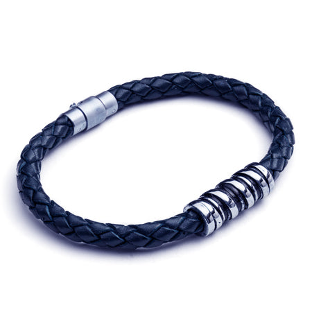 Braided Black Leather Bracelet with Stainless Steel Bead Detail