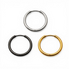 16mm stainless steel hoops, silver, black and gold, on a white background