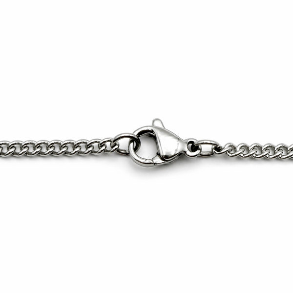 Stainless steel 3mm curb chain necklace lobster clasp detail on white background