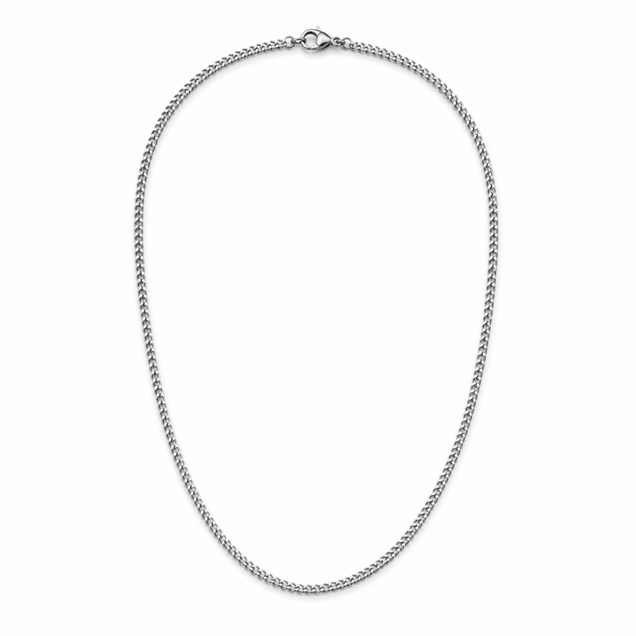 Stainless steel 3mm curb chain necklace in oval drop shape on white background