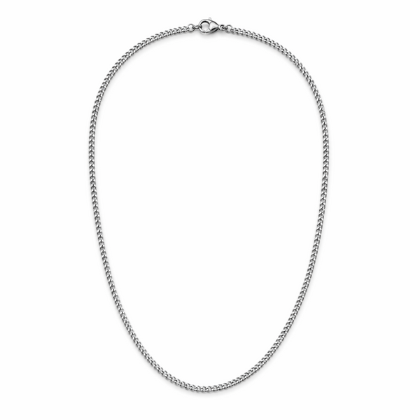 Stainless steel 3mm curb chain necklace in oval drop shape on white background