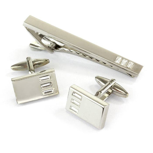 Silver Finish Shiny Design Cufflinks and Tie Bar Set