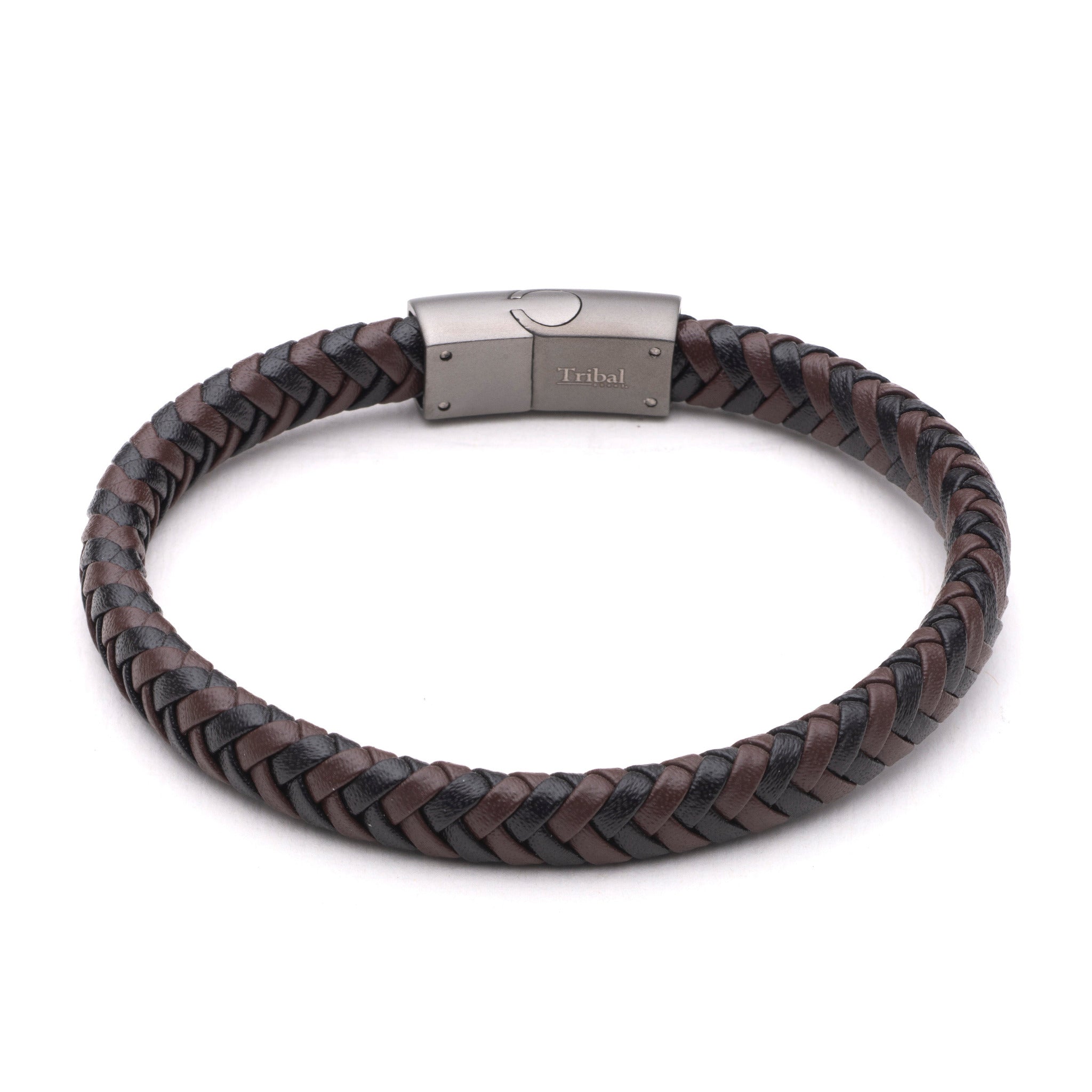 8mm plaited recycled leather bracelet with gunmetal stainless steel magnetic clasp