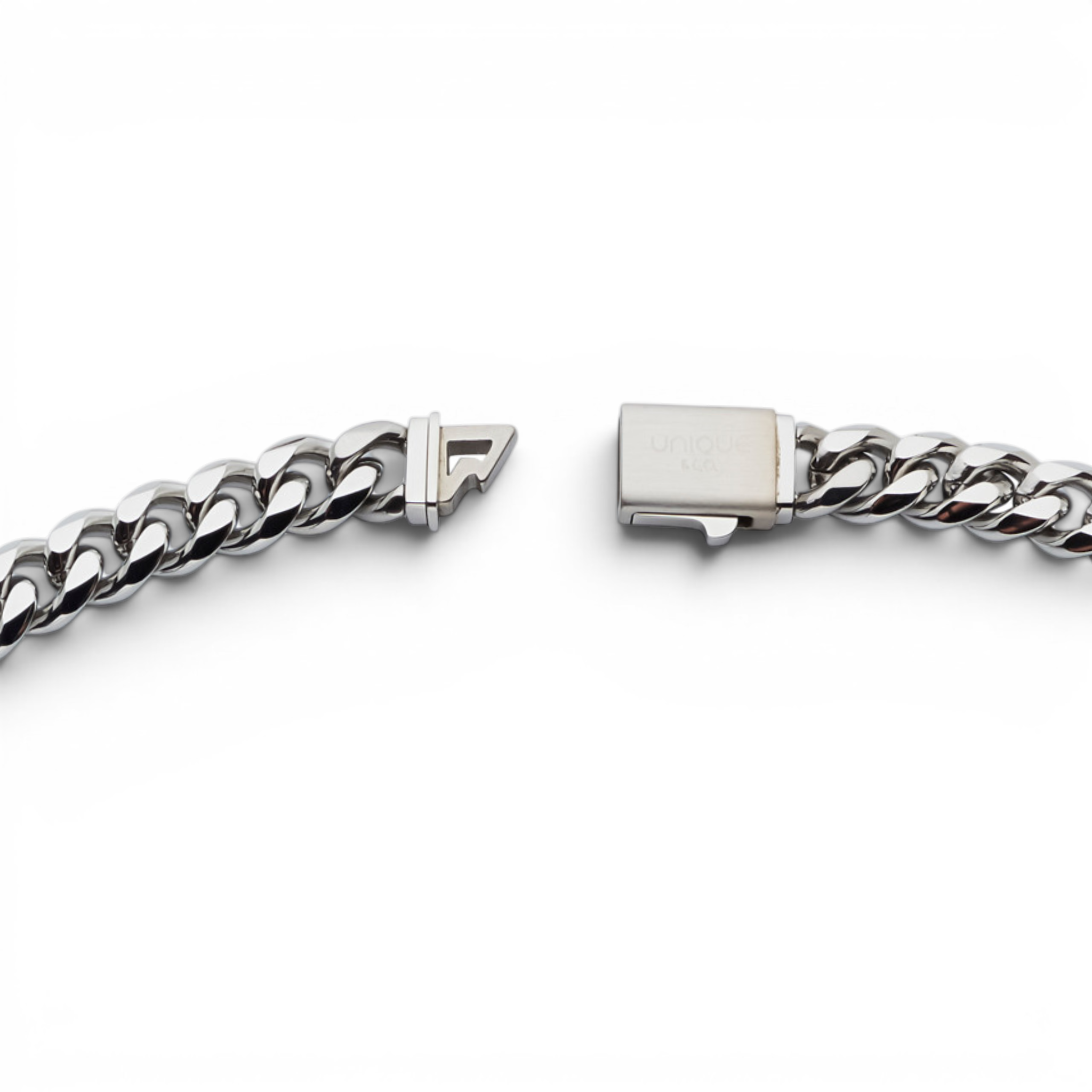 Polished stainless steel 8mm curb chain necklace clasp detail on white background