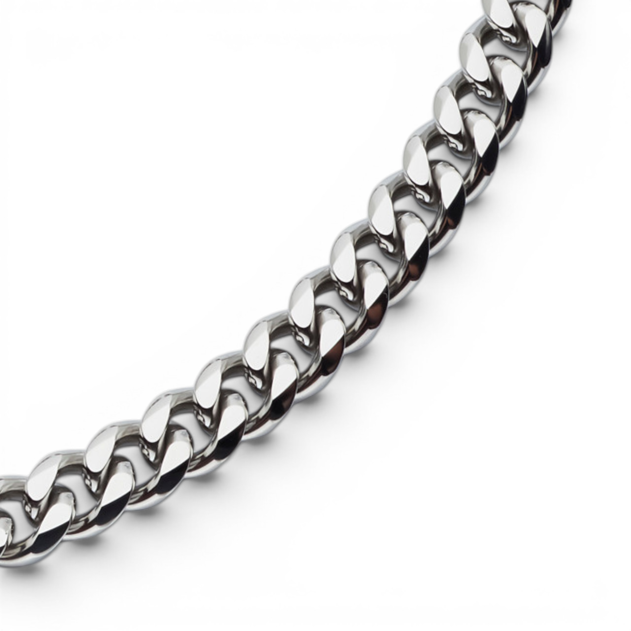 Close up of polished stainless steel 8mm curb chain showing link detail