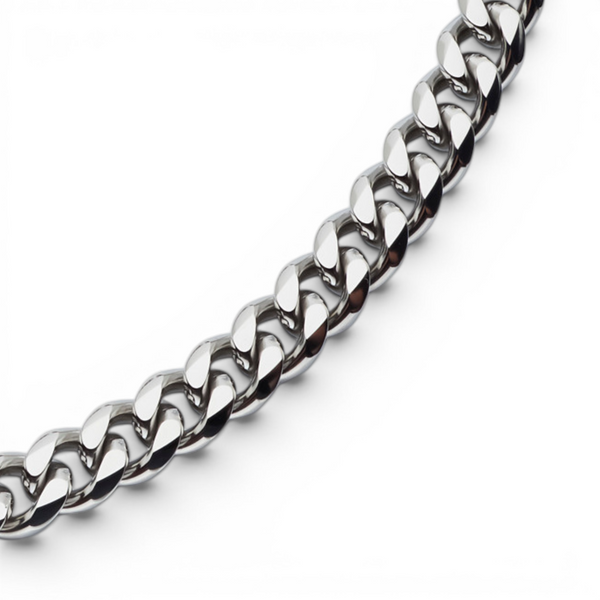 Close up of polished stainless steel 8mm curb chain showing link detail