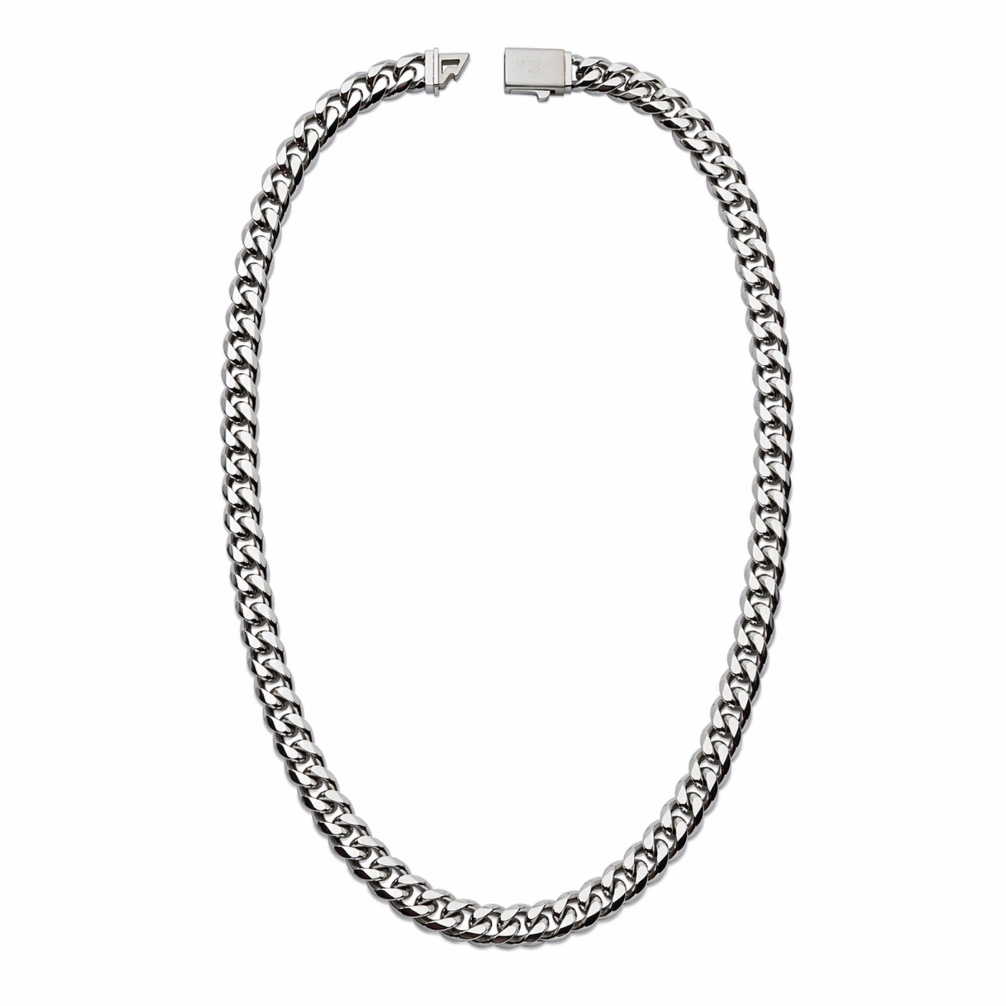 Polished stainless steel 8mm curb chain necklace in oval drop shape on white background