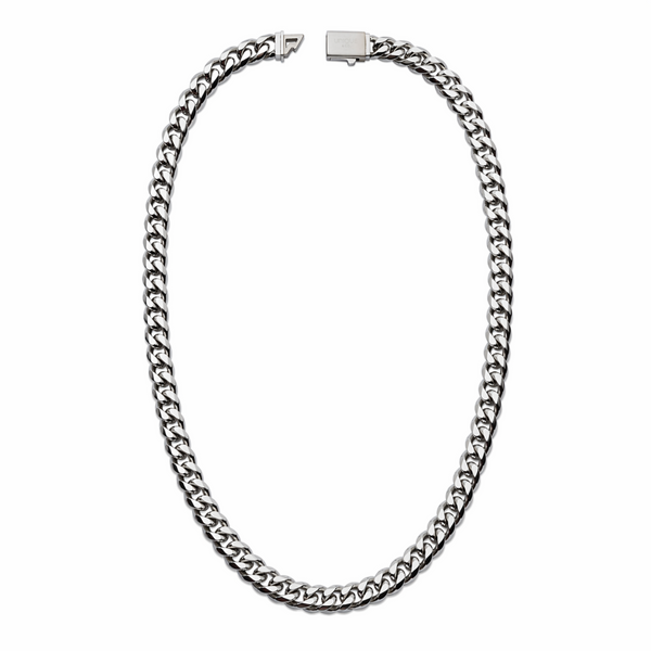 Polished stainless steel 8mm curb chain necklace in oval drop shape on white background