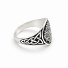 Side view of a 925 sterling silver oxidised Celtic Cross ring showing the detailed Celtic knotwork shoulders.