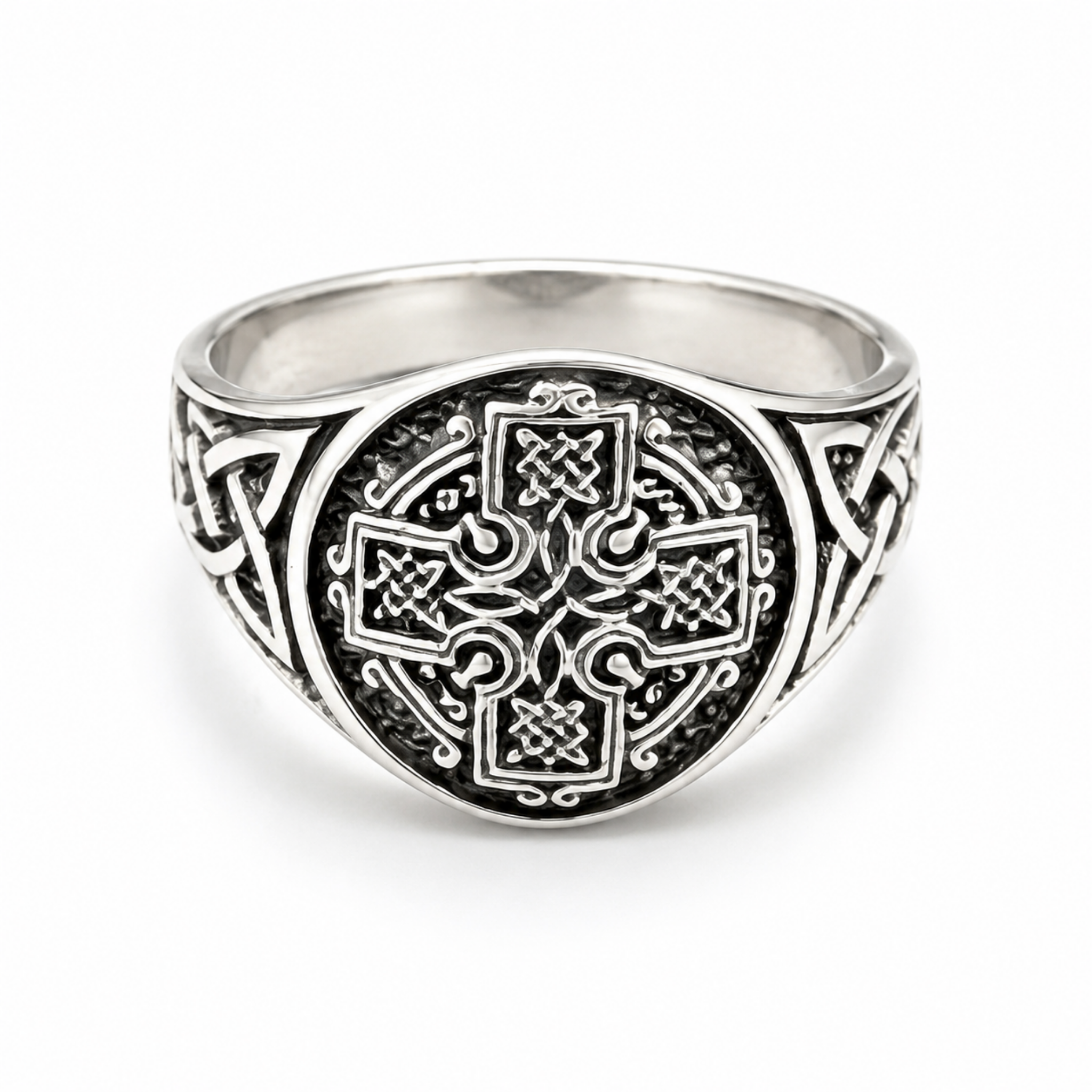 925 sterling silver oxidised Celtic Cross ring with intricate knotwork detailing on a white background.