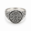 925 sterling silver oxidised Celtic Cross ring with intricate knotwork detailing on a white background.