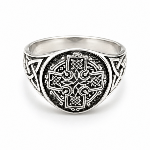 925 sterling silver oxidised Celtic Cross ring with intricate knotwork detailing on a white background.