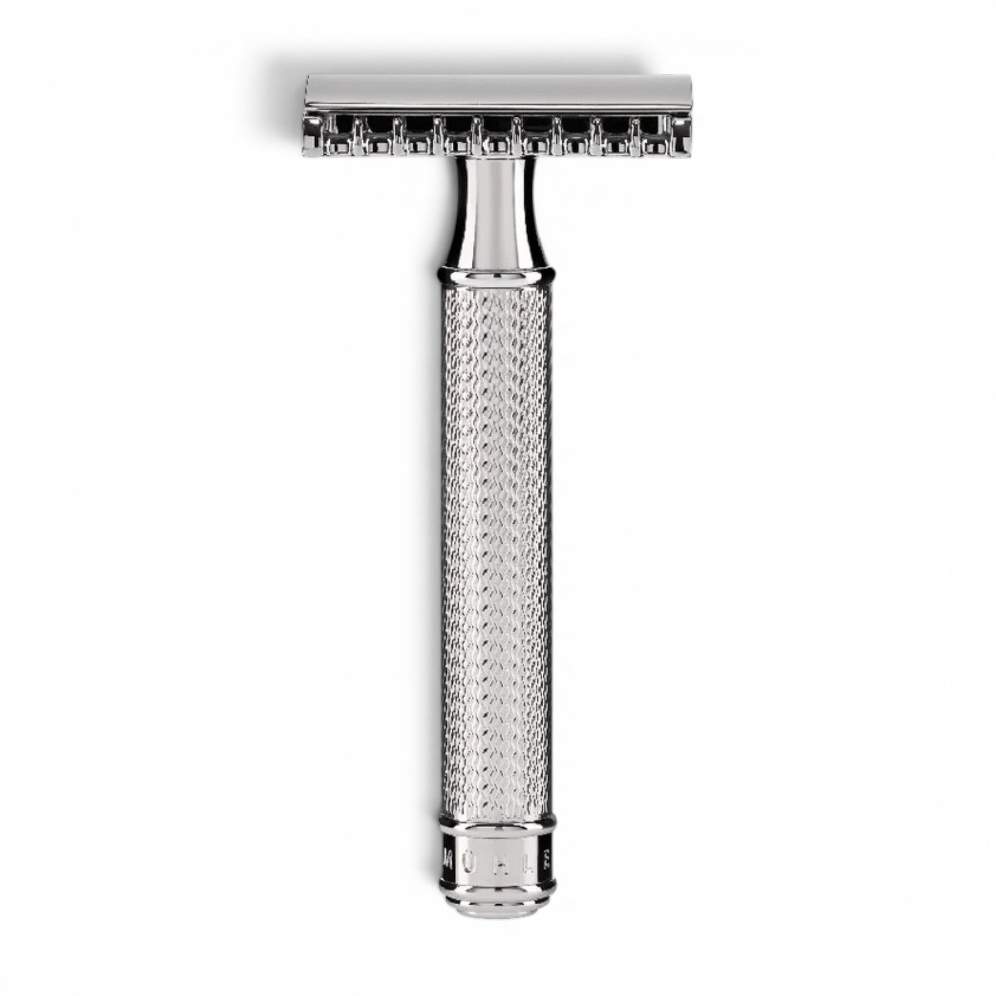 MÜHLE R41 chrome open comb safety razor on white background