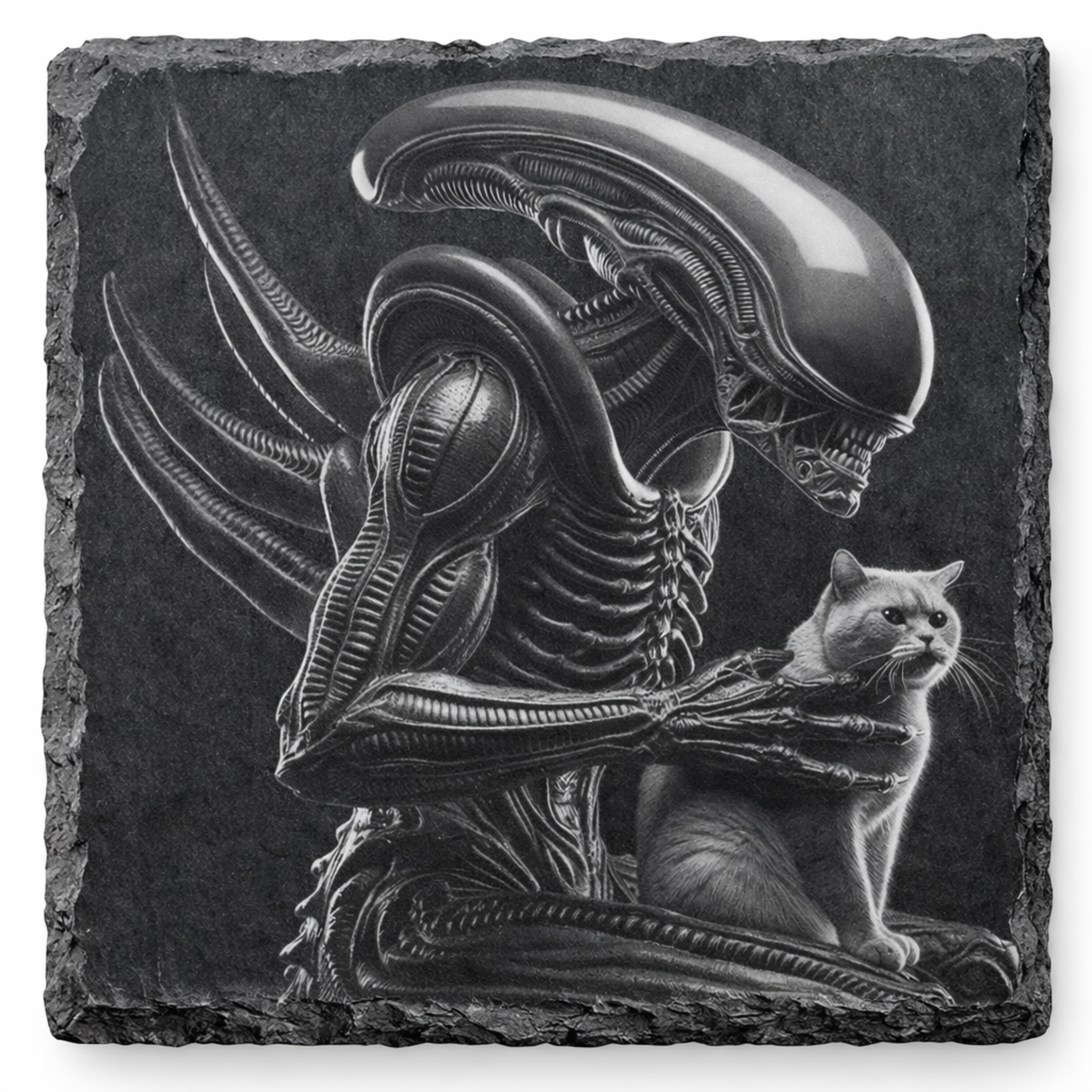 Laser engraved alien and cat slate coaster on natural slate