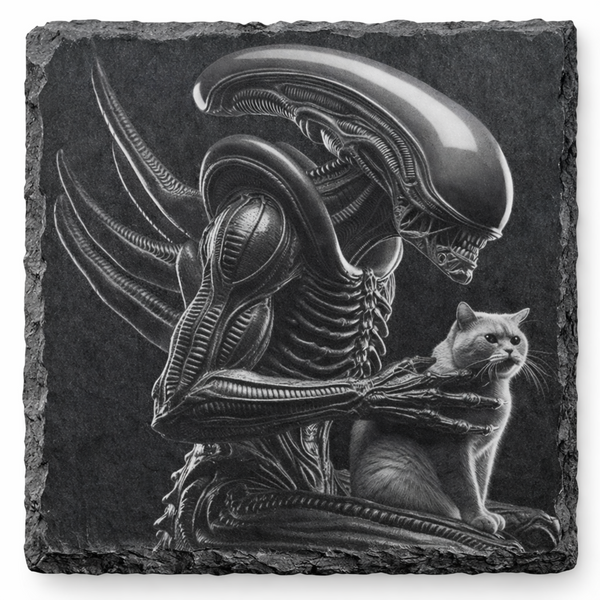 Laser engraved alien and cat slate coaster on natural slate