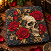 Natural slate coaster featuring an ivory skull surrounded by deep red roses, black leaves and ornate gold baroque decoration.
