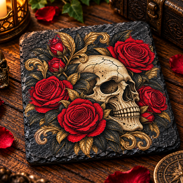 Natural slate coaster featuring an ivory skull surrounded by deep red roses, black leaves and ornate gold baroque decoration.