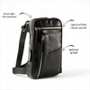 Black leather crossbody bag with labeled compartments on a white background