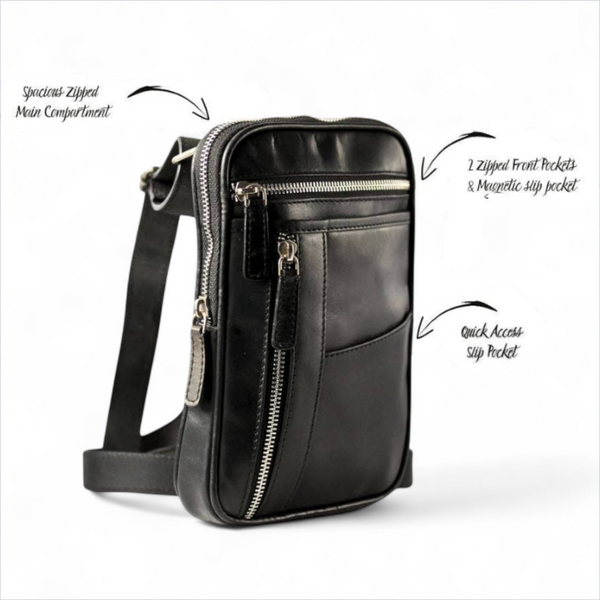 Black leather crossbody bag with labeled compartments on a white background