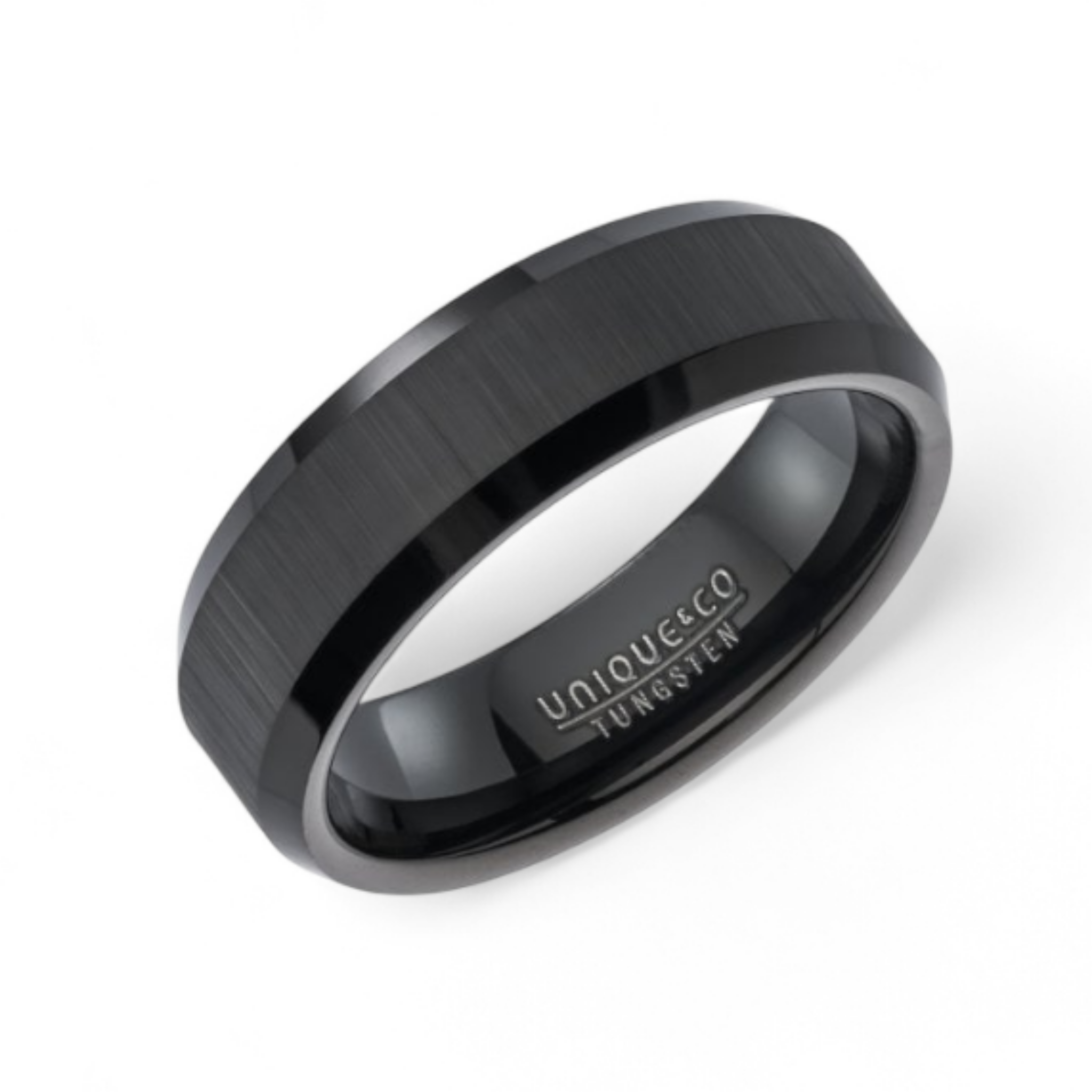 Black tungsten ring with brushed finish on a white background