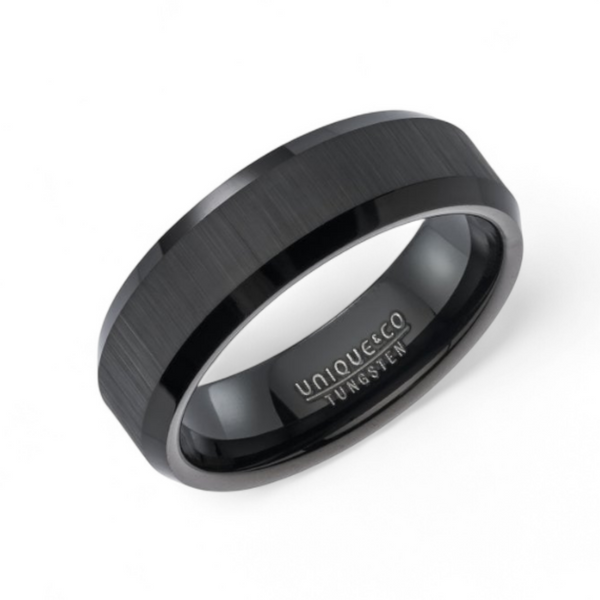 Black tungsten ring with brushed finish on a white background