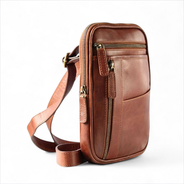 Brown leather crossbody bag with gold zippers on a white background