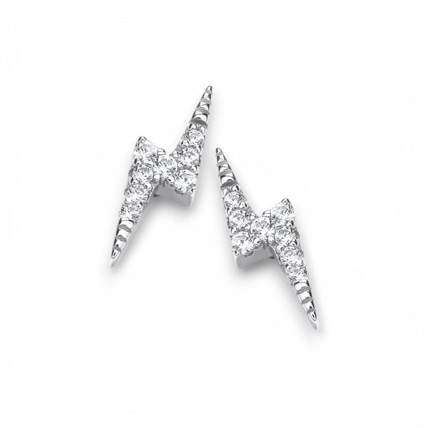 Unisex Sterling Silver CZ Lightning Bolt Stud Earrings