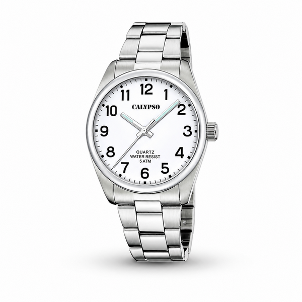 Calypso men’s white dial quartz watch with stainless steel bracelet on a white background