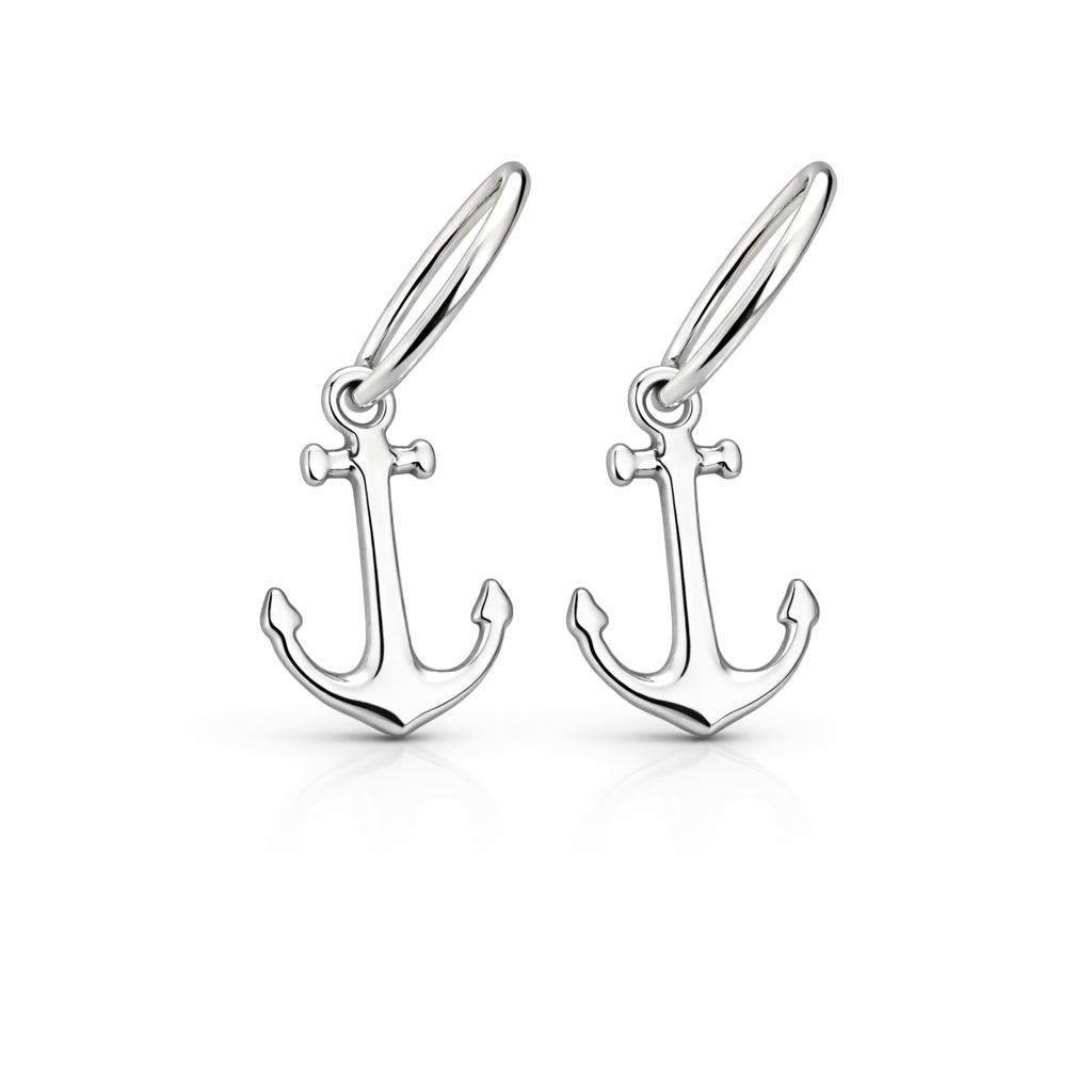 Sterling silver anchor hoop earrings with nautical design on a clean white background