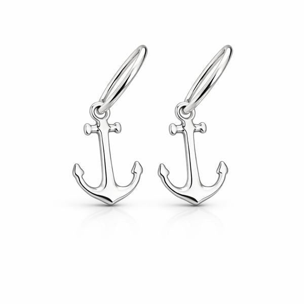 Sterling silver anchor hoop earrings with nautical design on a clean white background