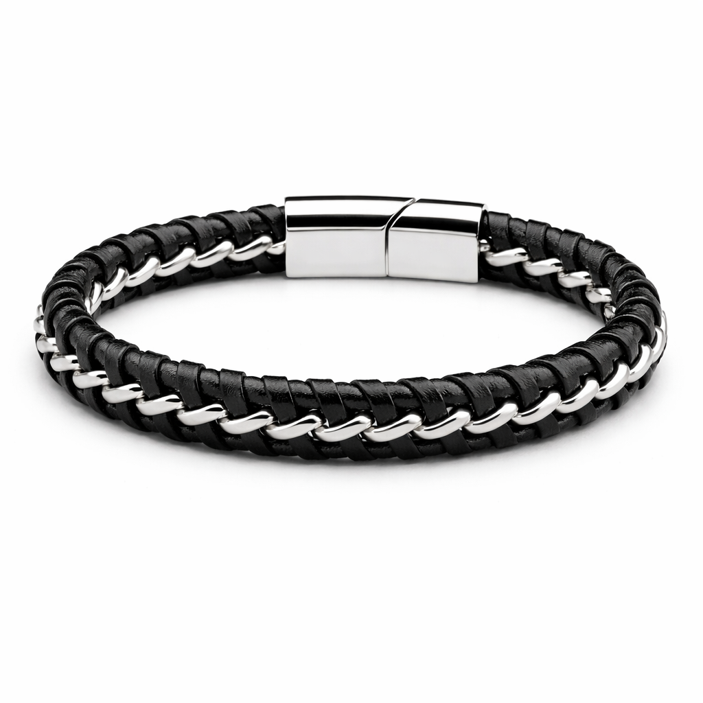 Black Leather and Stainless Steel Bracelet