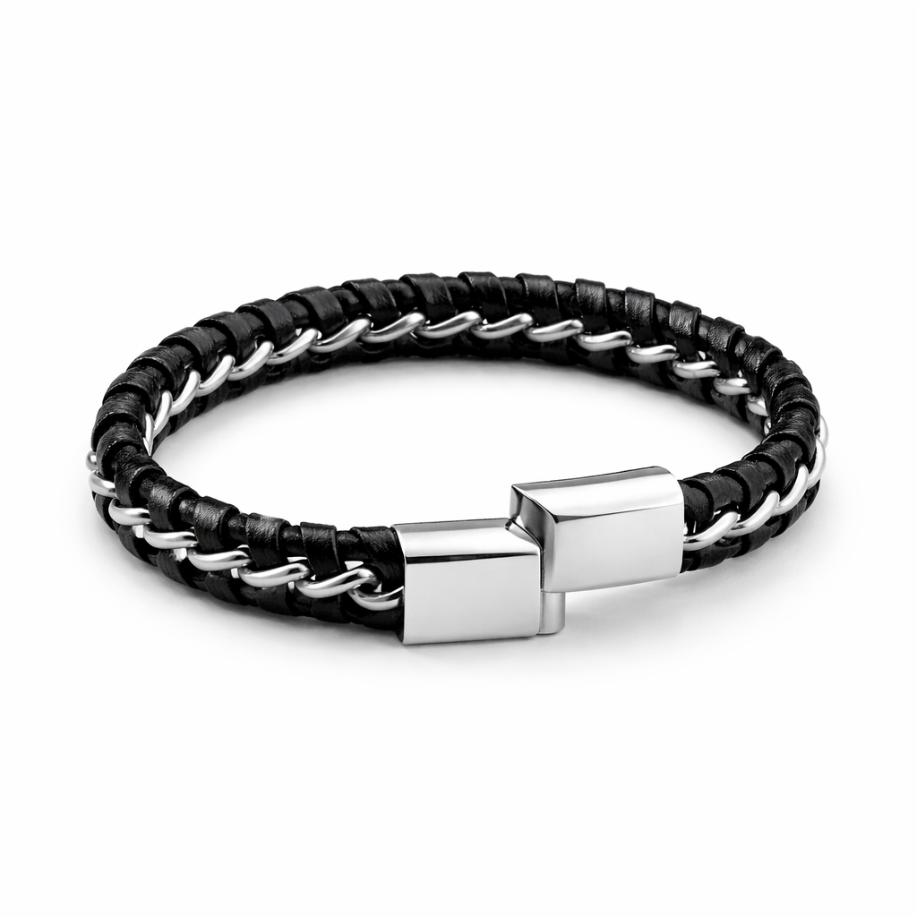 Black Leather and Stainless Steel Bracelet