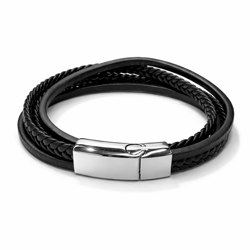Multi Strand Leather Bracelet with Stainless Steel Clasp