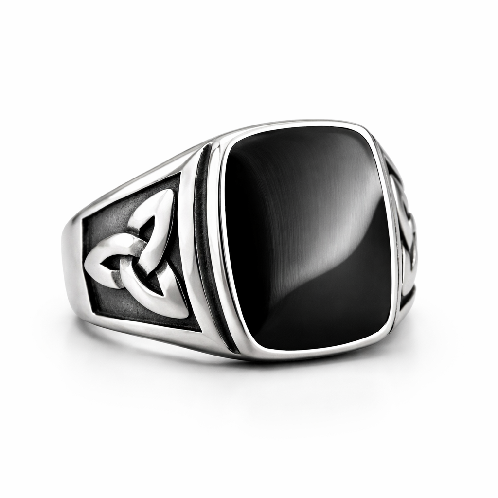 Stainless Steel Valknut  Ring with Black Enamel Inlay