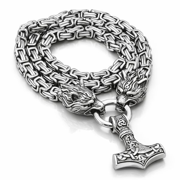 Stainless Steel Wolf Head Thor’s Hammer Necklace