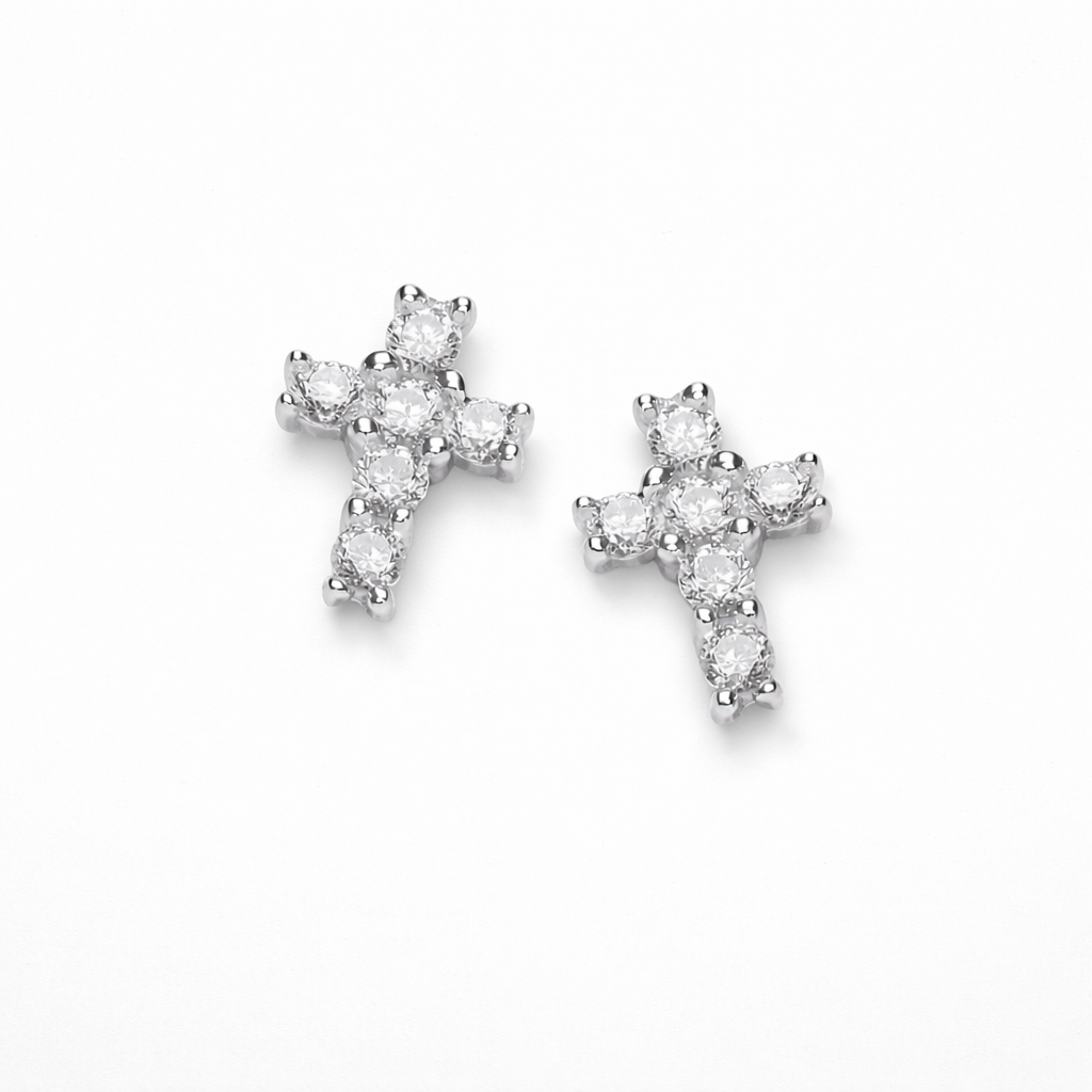 Silver and Cubic Zirconia Mini Cross Earrings